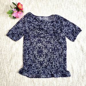 Lane Bryant navy blue and white sheer rouched short sleeve blouse